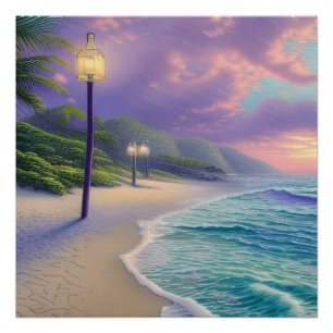Poster Belle Plage Océan Vagues Nuages de nuit
