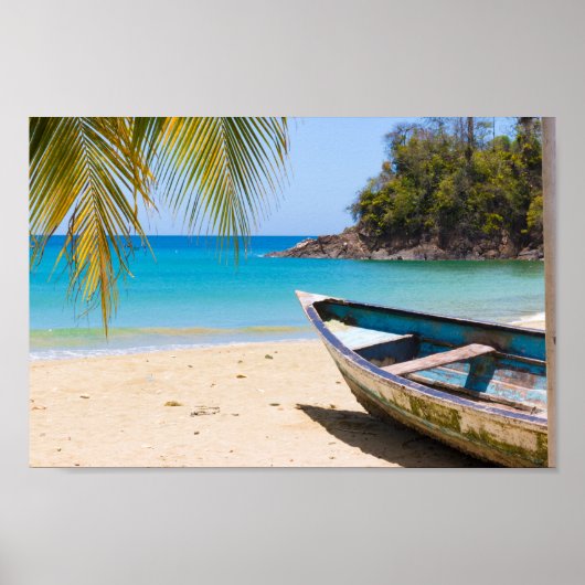 Poster Belle plage tropicale avec bateau à rames (Devant)