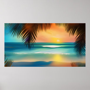 Poster Belle plage tropicale sable océan palmiers