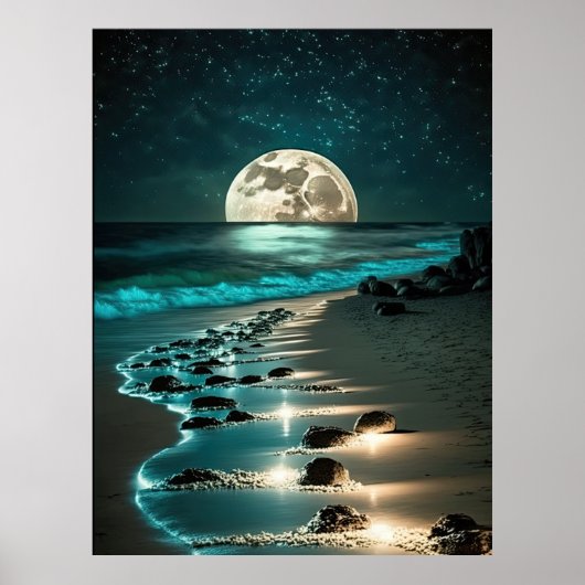 Poster Belle Pleine lune Plage Océan étoile Nuit (Devant)