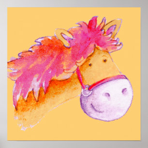 Poster Belle poney art rose orange carré imprimé