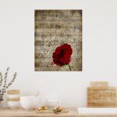 Poster Belle rose rouge notes piano tourbillonné (Cuisine)
