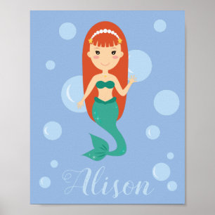 Poster Belle sirène aux cheveux roux nageant dans l'océan