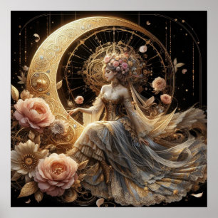 Poster Belle Steampunk Woman sur la Lune