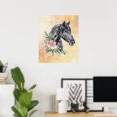 Poster Belle tête de cheval noir Portrait d'aquarelle (Bureau à domicile)