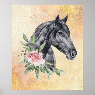 Poster Belle tête de cheval noir Portrait d'aquarelle