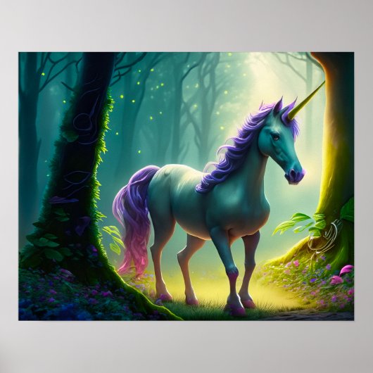 Poster Belle Unicorne debout dans la Forêt. (Devant)