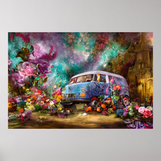 Poster Belle vieille fourgonnette Combi turquoise avec fl (Devant)
