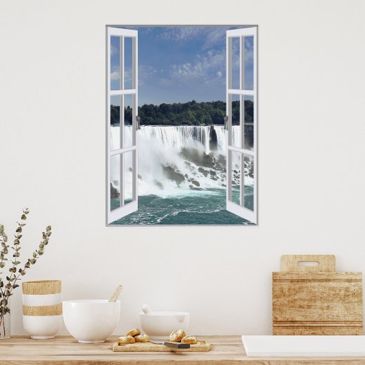 Poster Belle vue de cascade, fausse fenêtre (Cuisine)