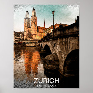 Poster Belle vue de la ville de Zurich Suisse vintage