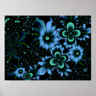 Poster Belles Fleurs Bleues Art Fractal fin
