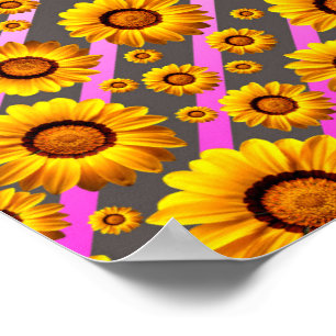 Poster Belles fleurs jaunes sur gris, rayures roses