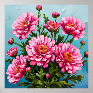 Poster Belles fleurs roses avec des feuilles vertes