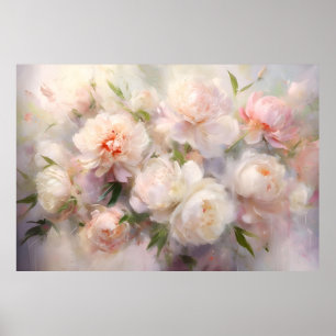 Poster Belles Peonies Blanches et Roses Peinture à l'Aqua