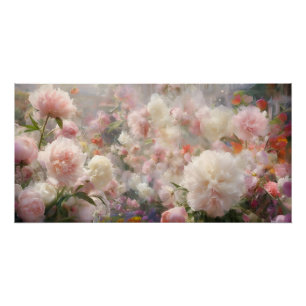 Poster Belles Pivoines Blanches et Roses Peinture à l'Aqu