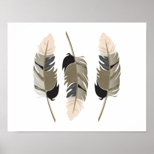 Poster Belles plumes en Crème, Taupe, Gris et Noir