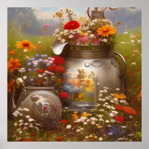 Poster Belles tournesols fleur sauvage rouge blanc bleu