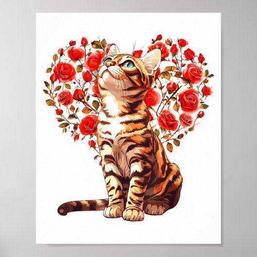 Poster Bengal Cat Valentines Day Floral Heart Design For (Devant)