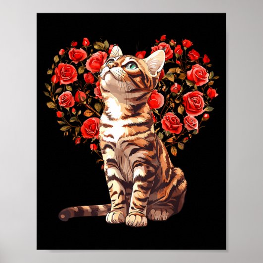 Poster Bengal Cat Valentines Day Floral Heart Design For  (Devant)