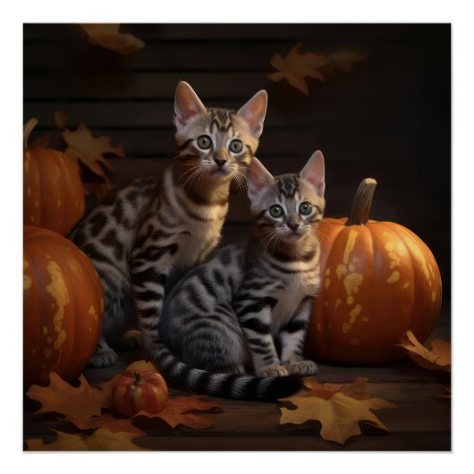 Poster Bengal Kitten Automne Citrouille de plaisir (Devant)