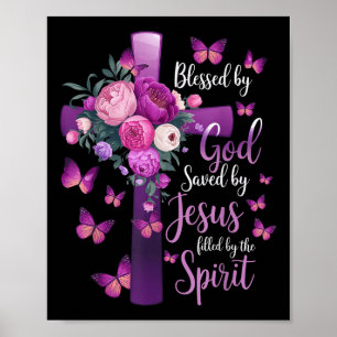 Poster Béni Par Dieu Sauvé Par Jésus Croix Florale Violet
