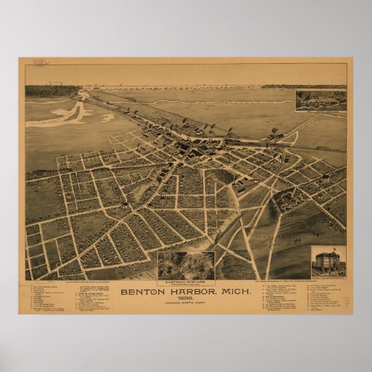 Poster Benton Harbour Michigan 1889 Antique carte panoram (Devant)