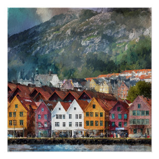 Poster Bergen Norvège Maisons Colorées Jolies Vintage