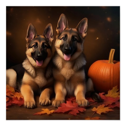 Poster Berger Allemand Chiot Citrouille d'automne (Devant)