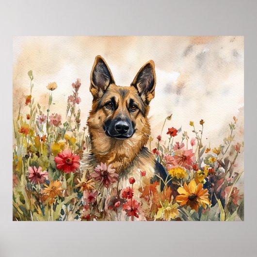 Poster Berger Allemand parmi des fleurs sauvages vibrante (Devant)