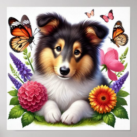 Poster Berger des Shetland avec Fleurs et Papillons (Devant)