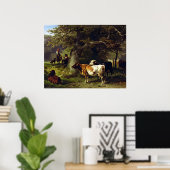 Poster Berger et troupeau de vache à l'étang (Bureau à domicile)