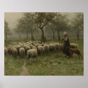 Poster Bergère avec un troupeau des moutons, mauve