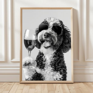 Poster Bernedoodle Buvant du Vin Art Mural, Noir et Blanc