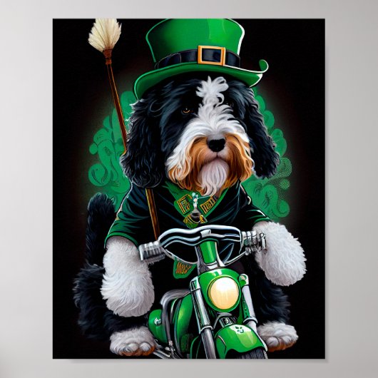 Poster Bernedoodle Chien conduisant vélo St. Patrick's Da (Devant)