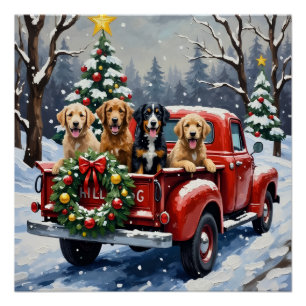 Poster Bernedoodle Noël Camion Rouge Fêtes