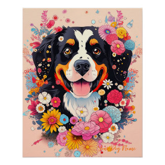 Poster Bernese Mountain Dog and Flowers 005 - Juif sur me