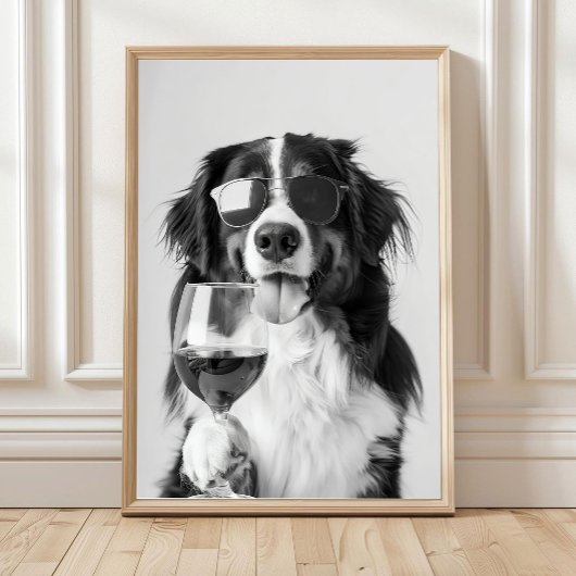 Poster Bernese Mountain Dog and Wine Wall Art, Black and