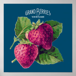 Poster Berry aux fraises vintages Ajouter votre nom Blue