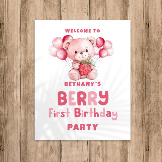 Poster Berry First Birthday Strawberry Bienvenue à la fêt