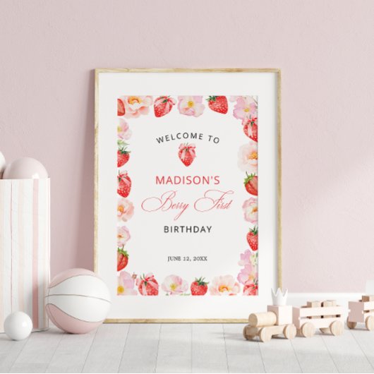 Poster Berry First Birthday Strawberry Bow Welcome