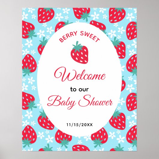Poster Berry Sweet Blue Strawberry Baby Shower Welcome (Devant)