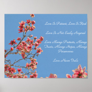 Poster Beschrijvende liefde, roze bloesems, blauwe