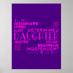 Poster Best & Greastest Daughters Birthdays : Qualities<br><div class="desc">A modern, feminine chic and stylish gift for the best and greatest Daughters in the world ; presented in a range of pretty, girly colors : pink on purple ; pink on black and purple on white ; and in a collection of elegant and hip, cool and trendy fonts /...</div>