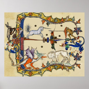 POSTER BESTIAIRE MÉDIÉVAL ÉTRANGE, LICORNE COMBATTANT LE
