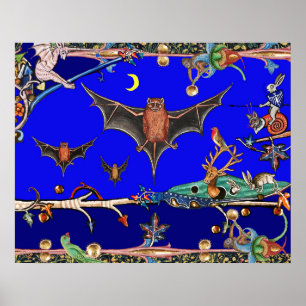 POSTER BESTIAIRE MÉDIÉVAL, FORÊT D'ANIMAUX CHAUVES-SOURIS