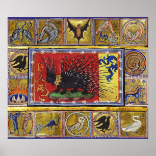 Poster BESTIAIRE MÉDIÉVAL, ROI HÉRISSON NOIR et ANIMAUX 