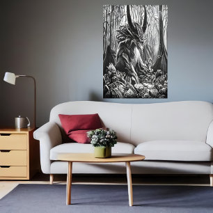 Poster bête d'art noir et blanc dans la forêt Art AI