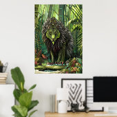 Poster Bête de lion imaginaire vert dans la forêt | Art A (Bureau à domicile)