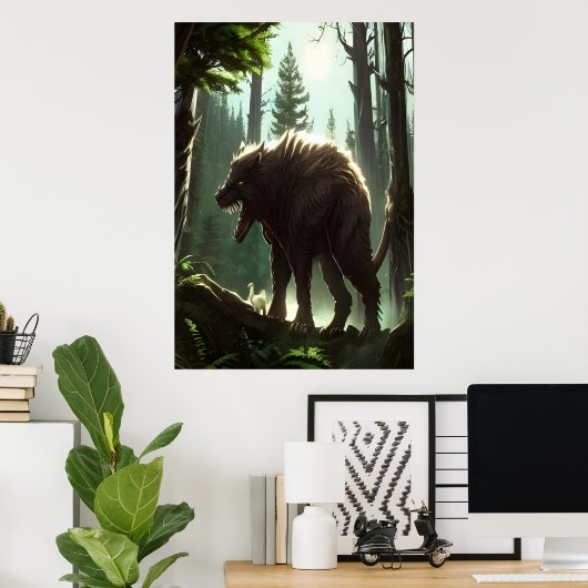 Poster Bête de loup effrayant dans la forêt | AI Art Post (Bureau à domicile)