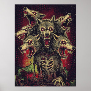 Poster Bête de loup-garou féroce à trois têtes